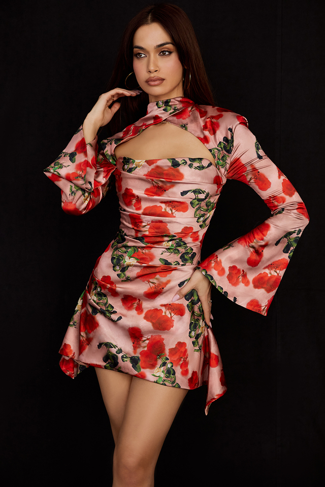 'Toira' Rose Print Draped Corset Dress - Click Image to Close