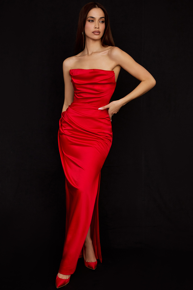 'Adrienne' Scarlet Satin Strapless Gown - Click Image to Close