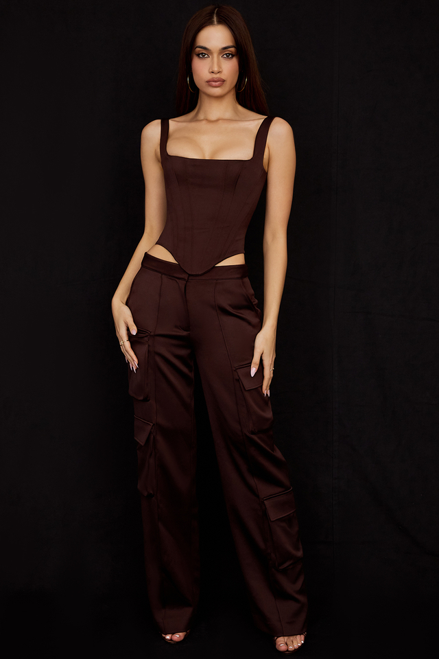 'Daria' Chocolate Satin Cargo Trousers - Click Image to Close