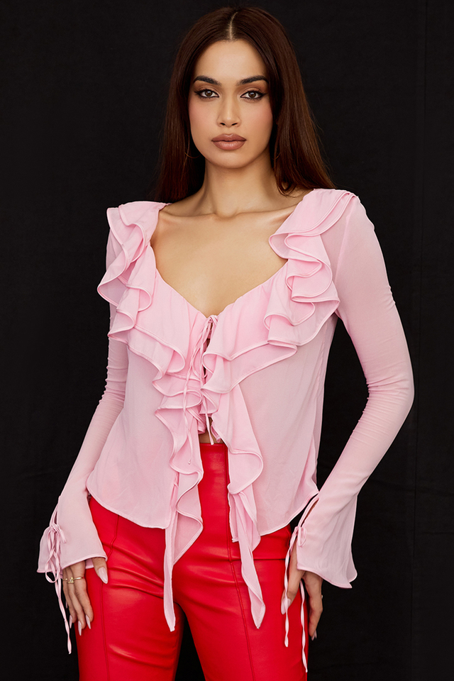 'Aaliyah' Fairy Pink Real Silk Chiffon Ruffle Top & Bralet - Click Image to Close