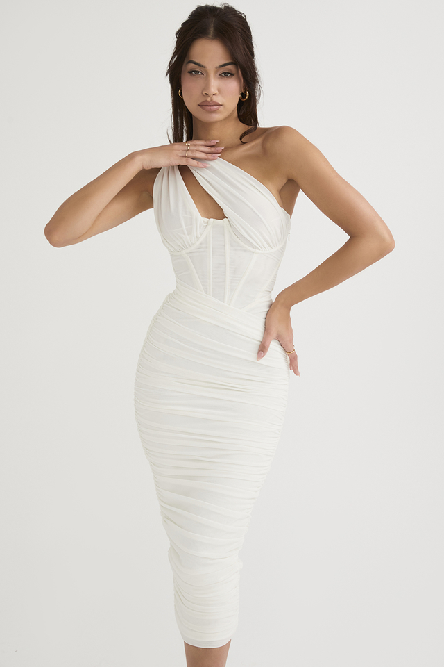 'Valentina' Ivory Asymmetric Cutout Midi Dress