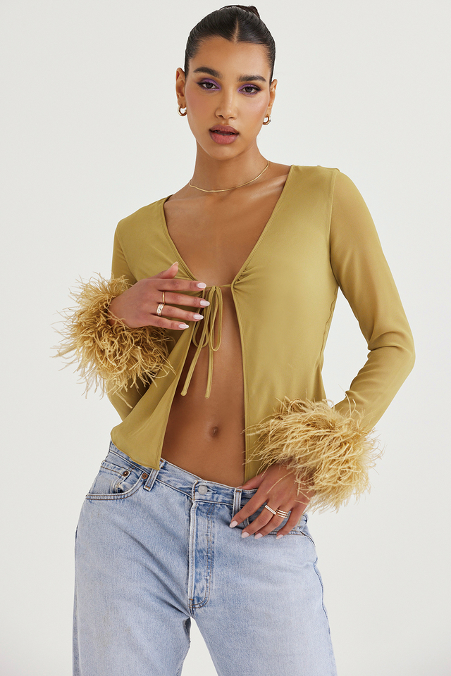 'Claudia' Olive Trimmed Top - Click Image to Close