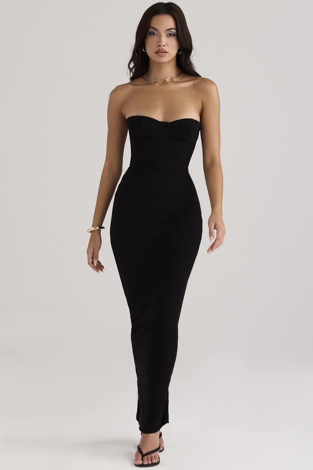 'Lucia' Black Strapless Corset Maxi Dress - Click Image to Close