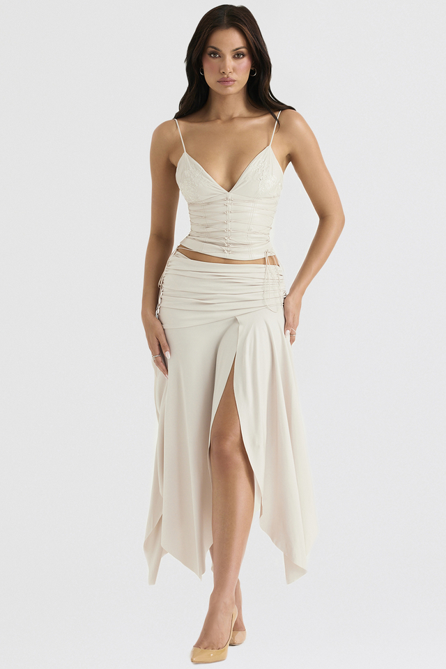 'Kaira' Off White Draped Midi Skirt - Click Image to Close