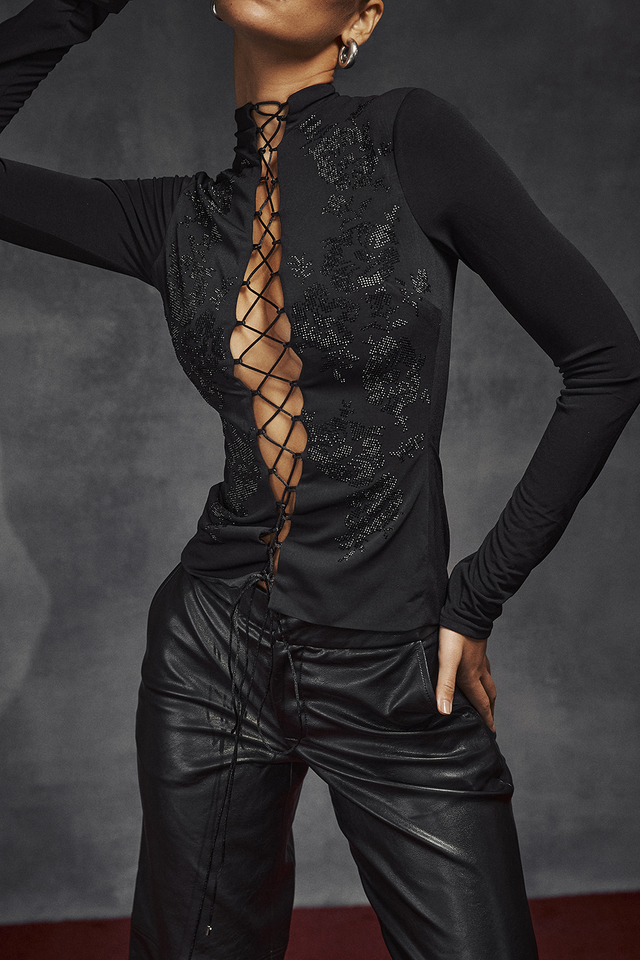 'Lori' Black Crystallised Lace Up Top - Click Image to Close