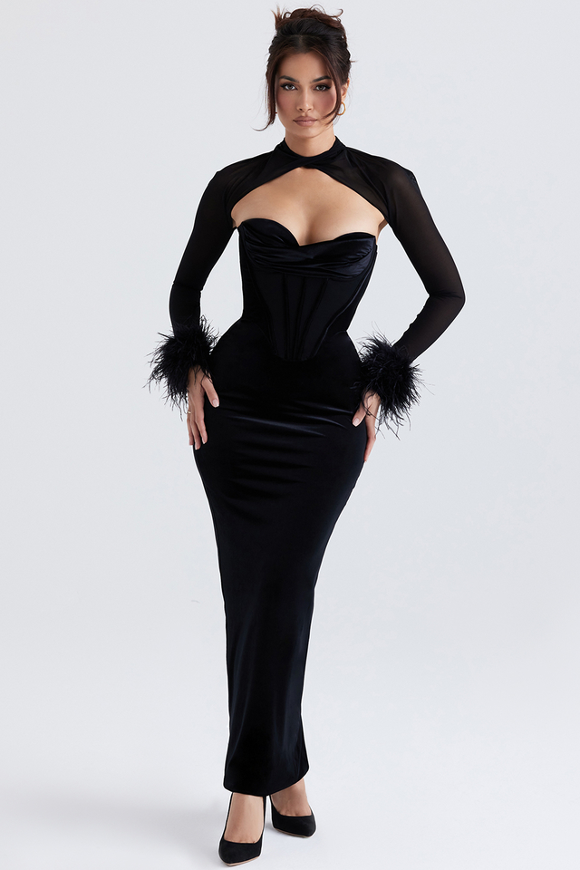 'Thalia' Black Velvet Corset Maxi Dress