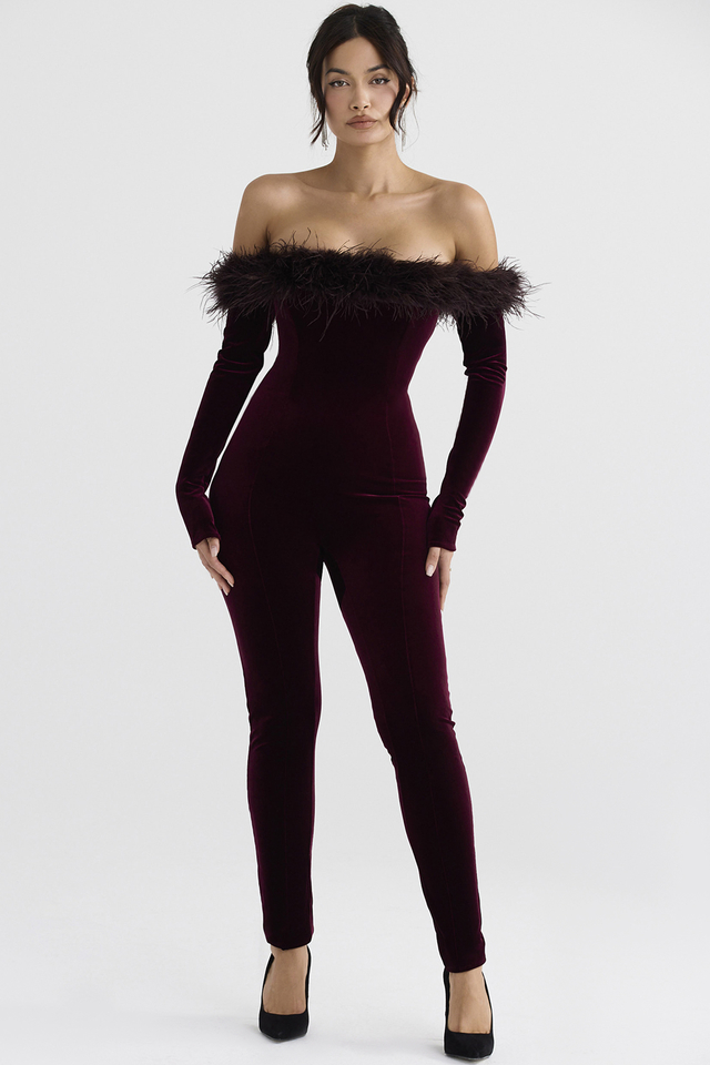 'Salima' Black Cherry Velvet Jumpsuit - Click Image to Close