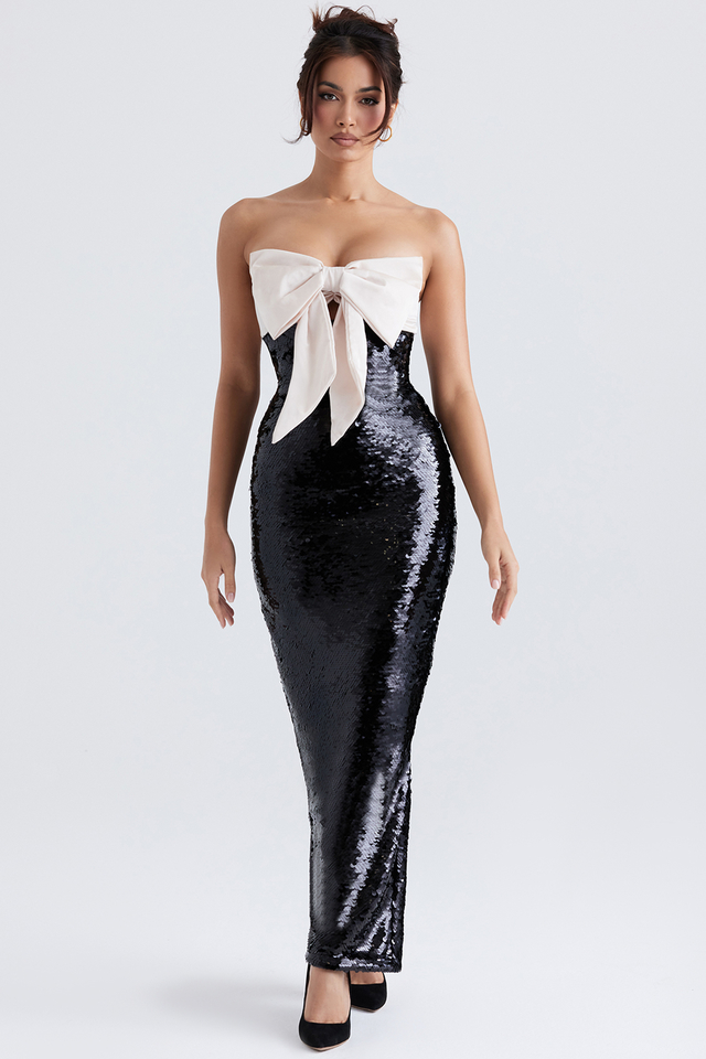 'Holly' Black Sequin Strapless Bow Dress