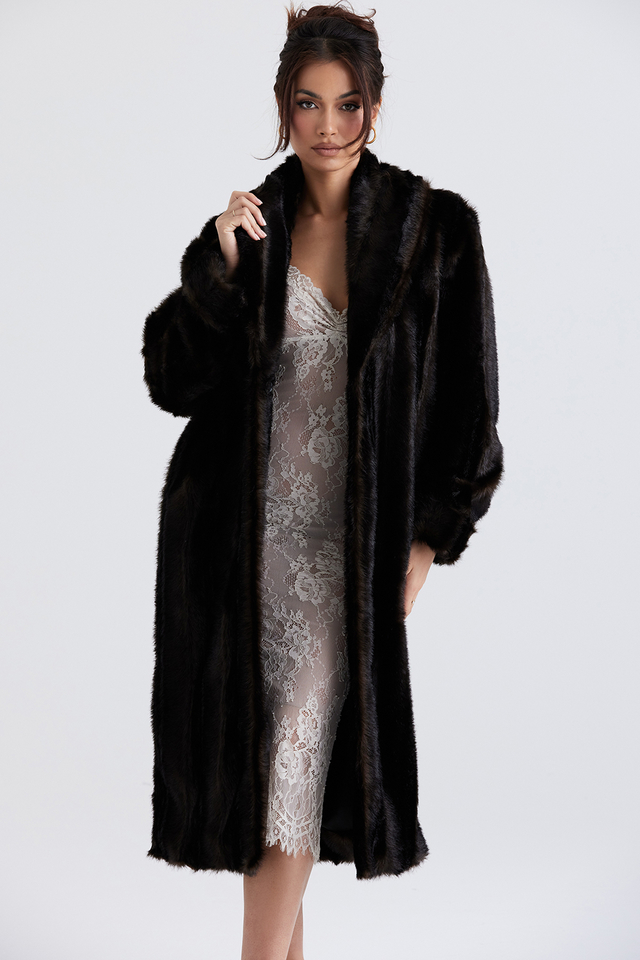'Callie' Dark Brown Faux Fur Coat - Click Image to Close