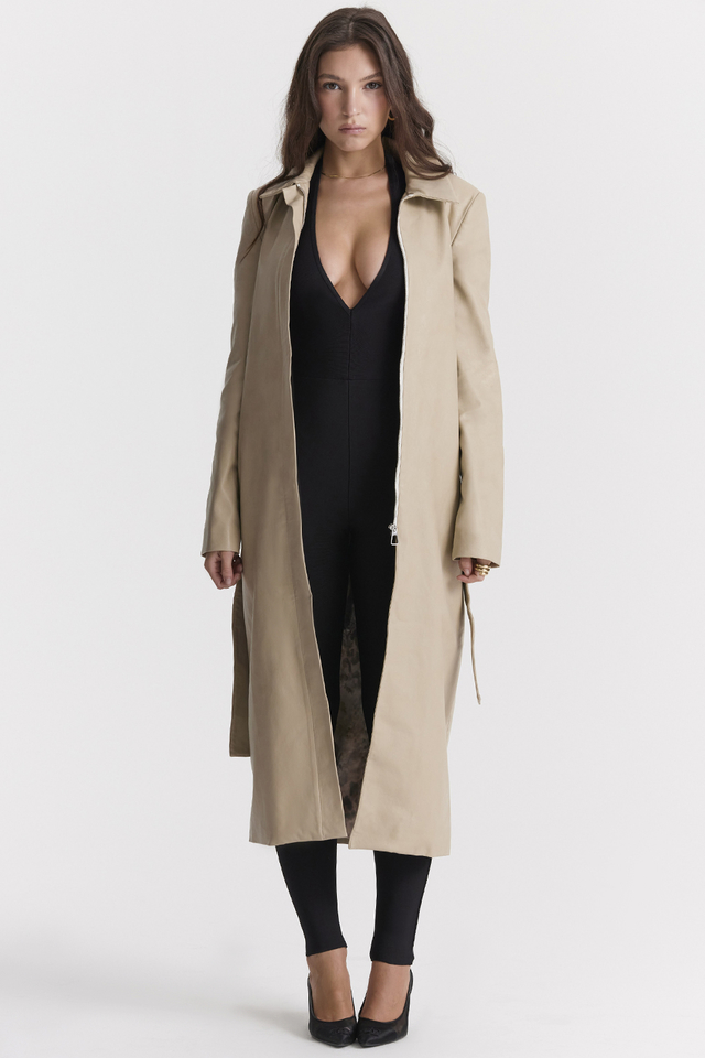 'Ariel' Beige Vegan Leather Trench Coat - Click Image to Close