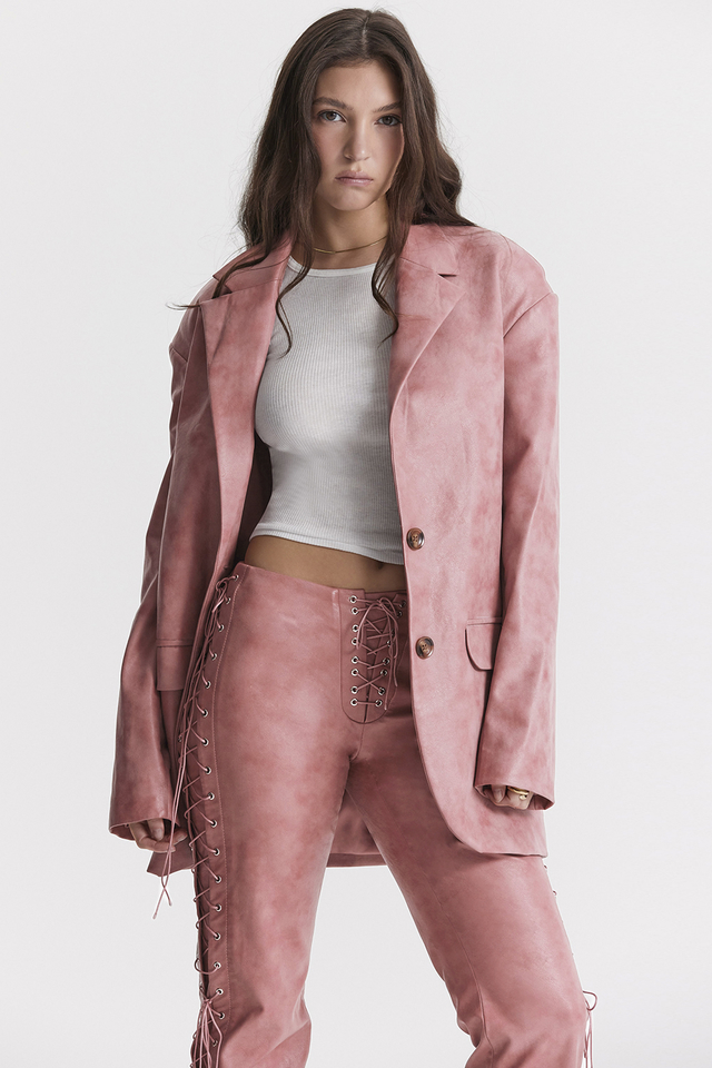 'Kiera' Warm Pink Vegan Leather Oversized Blazer - Click Image to Close